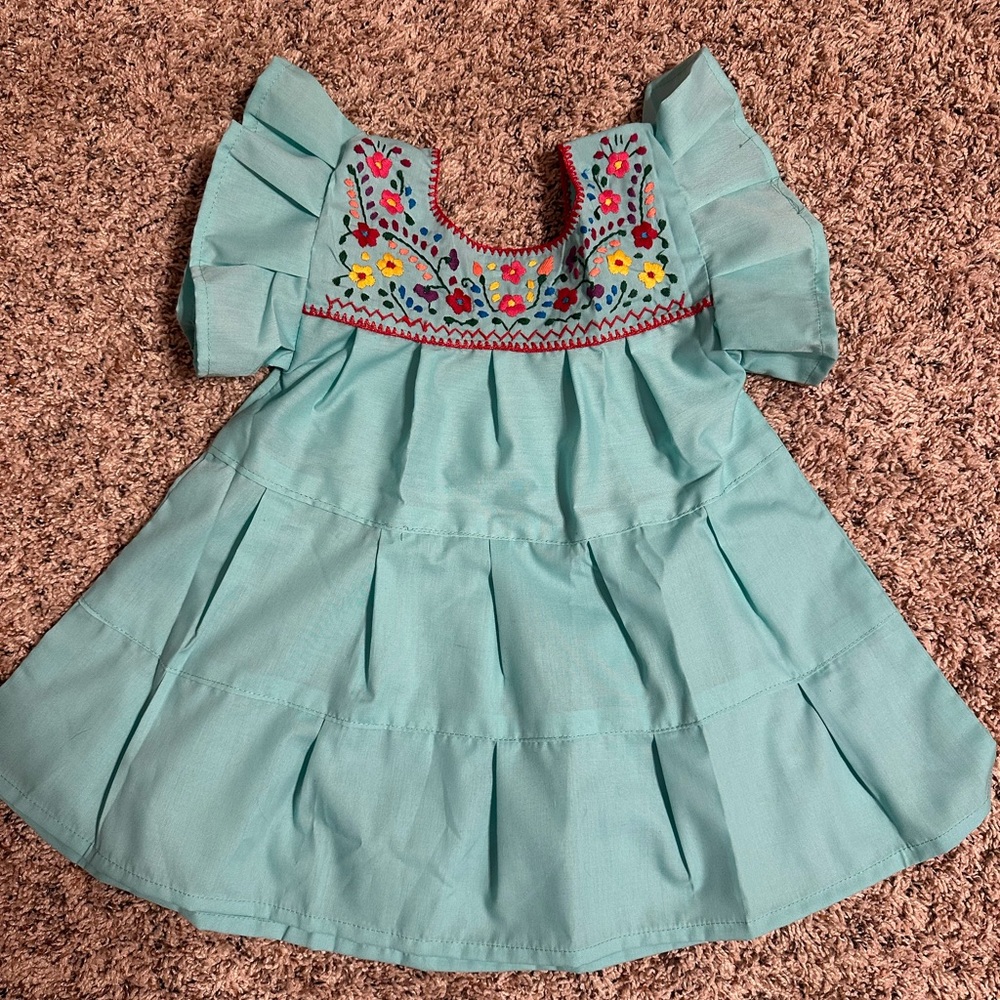 Embroidered Aqua Kids Dress